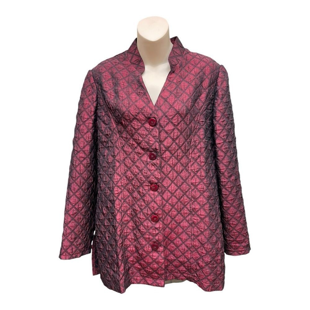 Coldwater Creek Duster Jacket Size M Quilted Diamond Print Button Down Burgundy